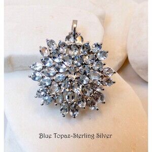 Natural Sky Blue Topaz  Star Burst-Flower 925 Sterling Silver Pendant Necklace
